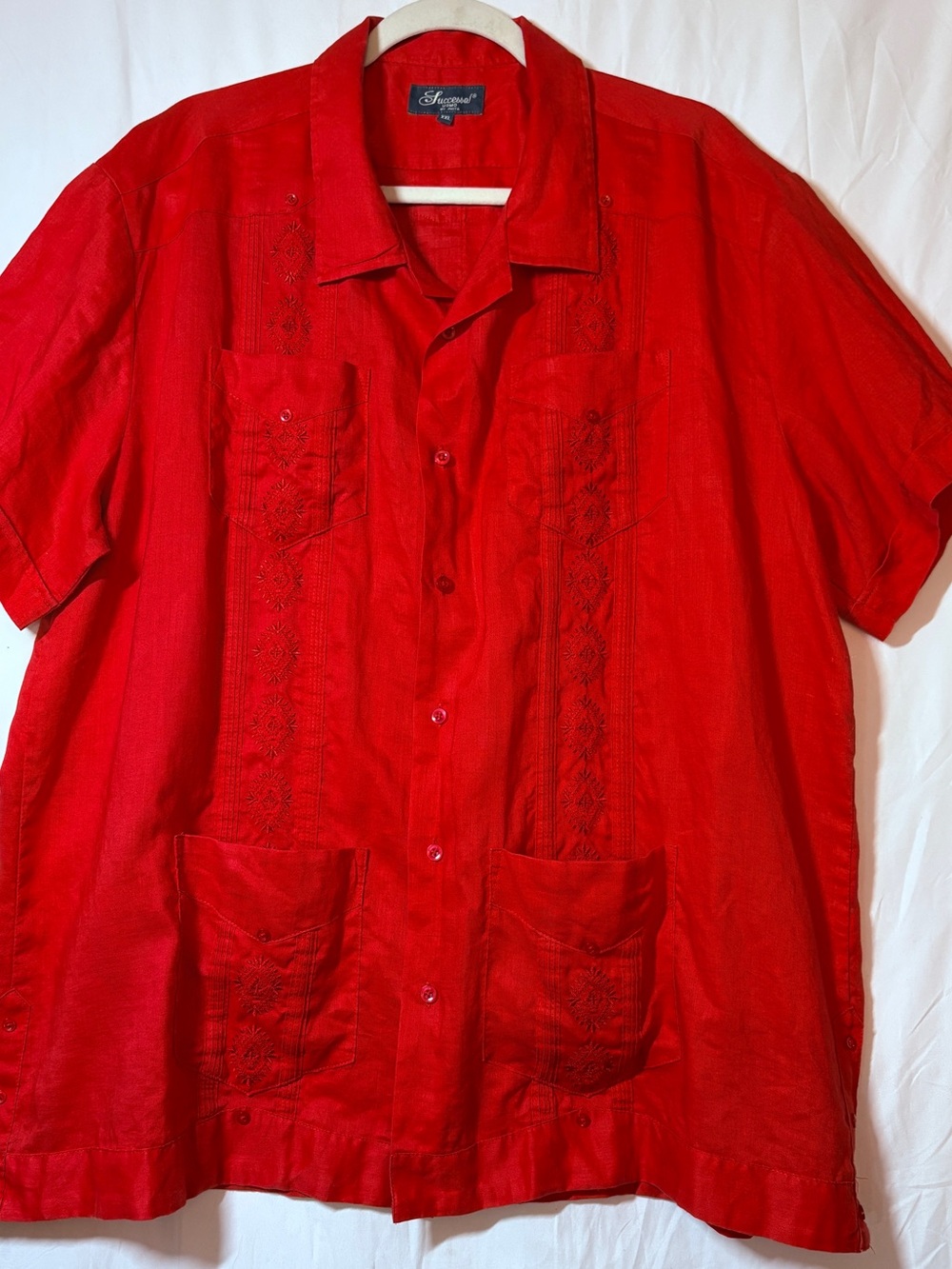 Classic Embroidered Short-Sleeve Guayabera Shirt in Red